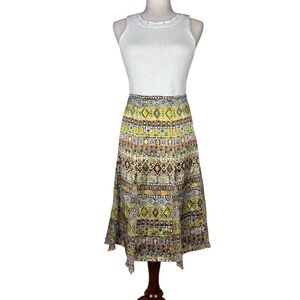 AKS by Amy K Su Silk Midi Skirt Boho Geometric Print Flowy Indie Artsy Retro
